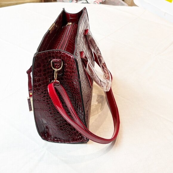 Burgundy and Red Faux Crocodile Embossed patent leather top handle Crossbody Bag - Picture 14 of 16